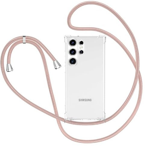 Handykette für Samsung Galaxy S24 Ultra Hülle mit Band, Transparent Silikon Handyhülle für Samsung Galaxy S24 Ultra mit Kette Stossfest Schutzhülle - Schnur mit Case zum Umhängen in Roségold
