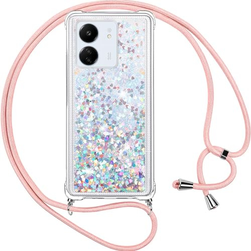 Vauki handyband für Xiaomi Redmi 13C Hülle mit Band,Silikon Durchsichtig Transparent Flüssig Glitzer mit Kette Kordel Treibsand Necklace TPU Schutzhülle Case für Redmi 13C, Silber