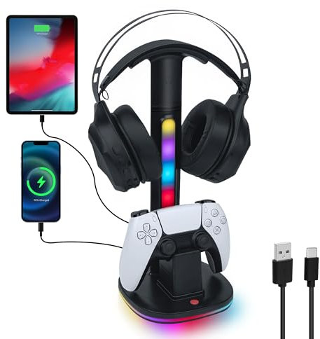Tolesum Game Controller Halter/Headset Ständer mit Ladestation für PS5 DualSense Controller, Kopfhörer Halter Gaming Zubehör mit 2 USB Anschlüss für Playstation 5 DualSense Edge Controller Ladegeräts