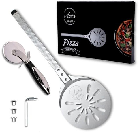 Ami's Delight Pizzaschieber und Pizzaschneider aus Aluminium, 62,8 cm, Pizzaschieber mit 20,3 cm perforiertem Kopf, langlebiger Pizzaschieber mit scharfem Rad, Pizzaschneider für perfektes