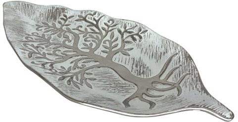 ROCKING GIFTS Plato Bandeja Centro de Mesa Forma Hoja con Árbol de la Vida Plateado, Vaciabolsillos de Cerámica 44 cm