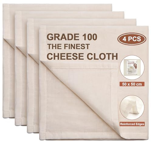 eFond 4-Pack Cheese Cloths for Straining, 50x50cm Squares with Hemmed Edges, Grade 100 Ultra Fine Reusable Muslin Cloths, Unbleached Cotton Cheesecloth for Nut Milk, Butter, Baking & Cooking