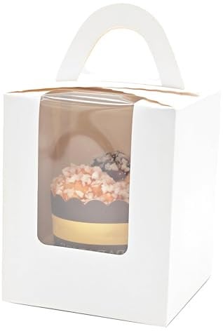 chongning 20 Pcs Individual Cupcake Boxes, Single Cupcake Boxes, Cake Boxes with Window, Cupcake Carrier with Inserts, Bakery Boxes with Handle, for Wedding Birthday Party Favors (White)