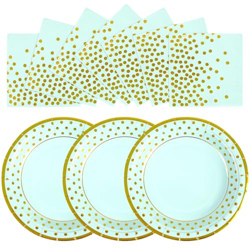 AHPYEUHK 50 Pack Paper Plates and Napkins Party Supplies 25 * 7inch Party Dessert Plates & 25 * 6.5inch Napkins Birthday Baby Showers and Wedding Decorations (Blue-Gold)