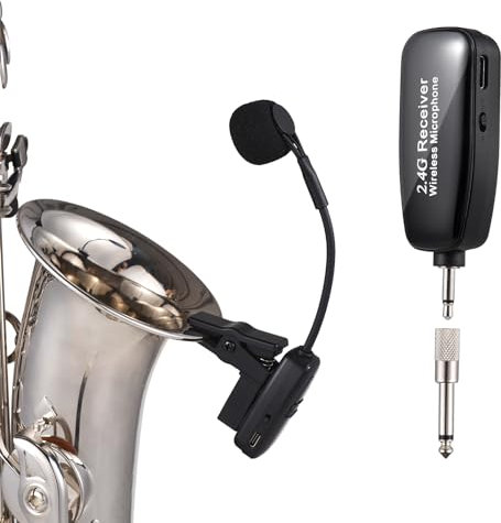 summina Microfono senza fili per Sax 2.4G Riduzione del Rumore Spettacoli Palcoscenico per Strumenti Musicali, Ricevitore e Trasmettitore Wireless per Sassofone/Tromba/Trombone/Clarinetto
