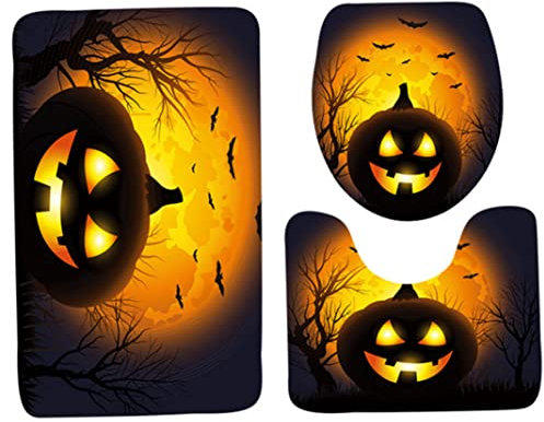 Dbvnnsy 3 Stcs Badematte Set, Halloween Kürbiskopf Skidsicheres Badezimmer Set, Deckbad Matten -Set Deckel Badezimmer Teppichmatte für Toilettenmatte Set Schwarz und Orange