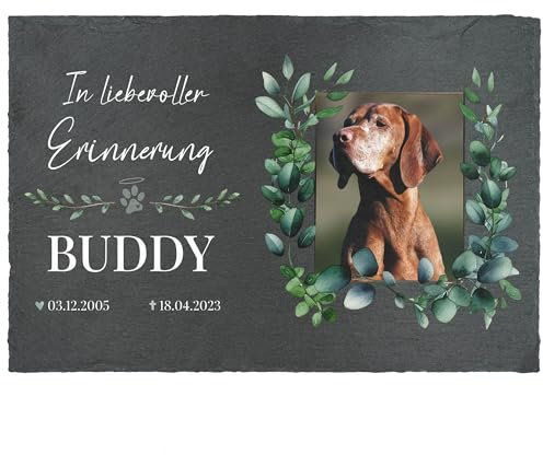 Schiefertafel mit Bild - Gedenktafel Hund & Katze 30x20 cm personalisiert - Grabstein Hund bedruckt - Hundegrab Deko - Grabstein für Tiere - Grabschmuck - Erinnerung an Haustier - Eukalyptus
