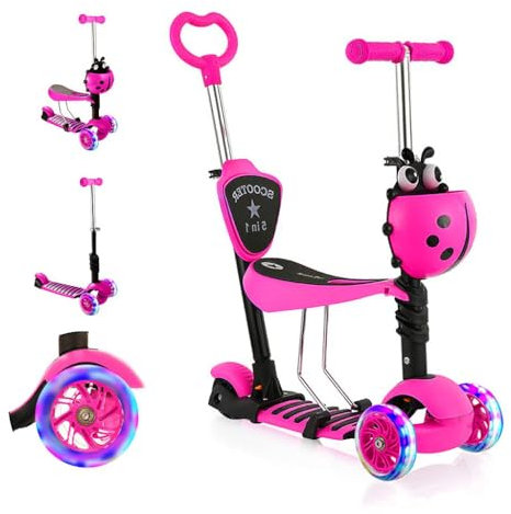 Kinder Roller mit abnehmbarem Sitz, blinkende LED-Räder, höhenverstellbarer 3-Rad-Tretroller mit Schiebegriff für Kleinkinder, Jungen und Mädchen ab 2 Jahren, Rosa