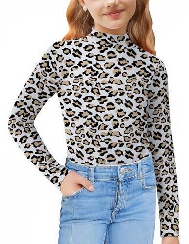 Arshiner Mädchen Langarmshirt Rollkragen Thermo Oberteil Kinder Leoprint Stehkragenshirt Rollkragenpullover Unterziehrolli 3-4 Jahre