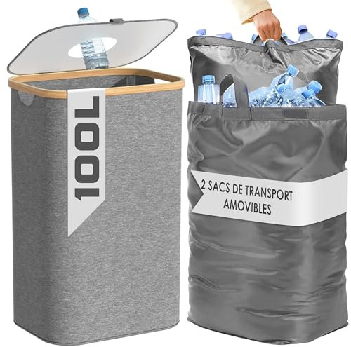 Pfandflaschen Sammelbehälter mit 2 Tragetaschen, Pfandflaschen Behälter 100L, Flaschensammler Leergut, Leergut Sammelbehälter, Aufbewahrungsbox, Küche Aufbewahrung und Organisation (Steingrau)