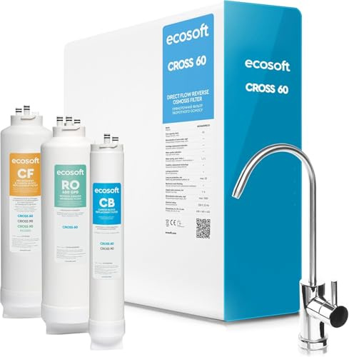 Ecosoft CROSS 60 Filtre à osmose inverse compact, débit direct de 1 l-min, technologie d'économie d'eau, écran intelligent, remplacement de cartouches DIY, design compact et peu encombrant