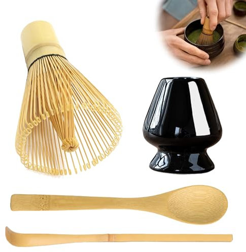 Juego de 4 escobas Matcha, juego de iniciación matcha, escoba matcha de bambú, cuchara de bambú, pala de bambú, soporte para batidor, accesorios para la ceremonia del té, para el hogar, la oficina y