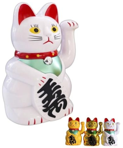 6 Lucky Cat Waving Arm, Maneki Neko Lucky Fengshui Cat for Feng Shui Welcoming Fortune Luck Wealth Prosperity Decoration, Battery Not Included (White)