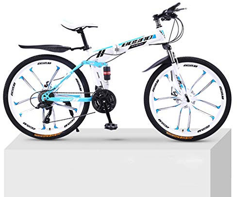 JXYQ 21 Gang Mountainbike mit 10 facher Felge, klappbar, für Erwachsene, doppelte Dämpfung, Offroad Fahrrad mit Variabler Geschwindigkeit, für Männer und Frauen, Weiß/Blau, 26 Zoll