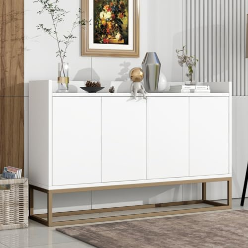 BRILVERDE Sideboard Kommode Schrank mit Goldenen Metallbeinen,4-Türiger Griffloser Buffetschrank,für Wohnzimmer Esszimmer Küche,Weiß (Weiß)