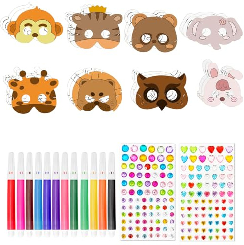 XDGBGFN 24 Stück Masken zum Bemalen Kinder Tiermasken zum Ausmalen mit 176pcs Strasssteine Selbstklebend 12 Buntstifte Kinder Tier Maske Set für Kindergeburtstag Halloween Dschungelparty