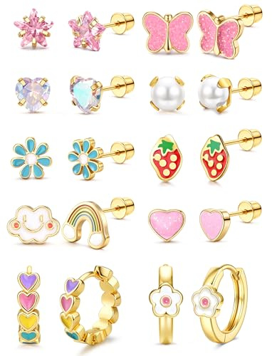 Adramata 10 Pares Pendientes Niñas Acero Inoxidable Pendientes Hipoalergenicos con Rosca Multicolor Rosa CZ Pendiente Mariposa Flor Corazón Pendiente Joyería Regalos para Niña Mujeres