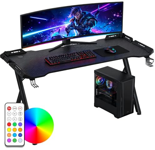 Suusolny LED Gaming Schreibtisch mit Kohlefaserbeschichtung Ergonomischer Computertisch mit RGB-Beleuchtung Gaming Tisch mit Y-förmige Tischbeine PC Tisch mit Kopfhörerhalter - Schwarz 120x60x75cm