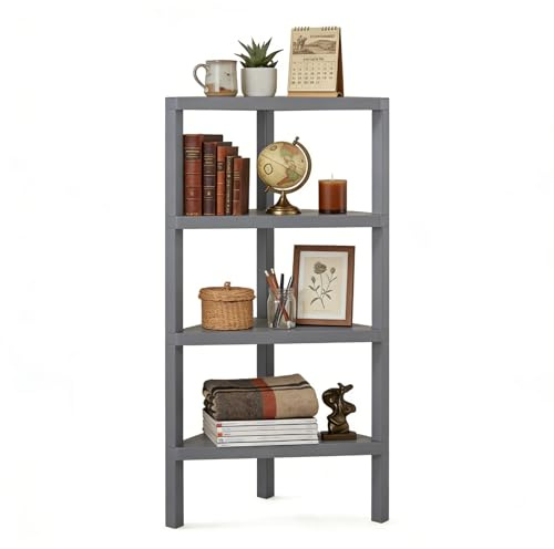 SFAREST 4-Tier Corner Bookshelf, Freestanding Display Rack Shelf Stand with Open Slatted Shelves, Narrow Ladder Storage Organizer Unit for Home Office Living Room Kitchen Bathroom (Grey, Triangle)