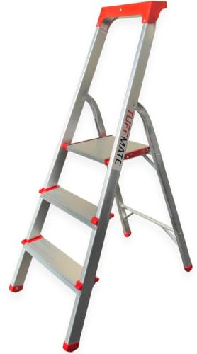 Step Ladder 3 Steps with Multifunction Tool Tray, Aluminium Folding Height 1.1m - 20cm between steps, EN:131 Safety Cert. TUFFMATE