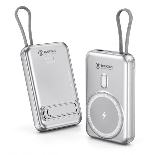 Blucore Wireless Power Bank 10000mAh, PD 22.5W Fast Charging, with Built-in Cable, LED Display & Kickstand, compatible with iPhone, Android Smartphones, USB C, USB A, Smartwatches, Headphones