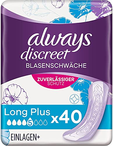 Always Discreet Inkontinenz-Einlagen Long Plus 5er-Pack (40 Stück) diskreter Schutz & hohe Saugstärke bei Blasenschwäche mit häufigem Urinverlust, neutralisiert Gerüche, 5 x 8 Binden