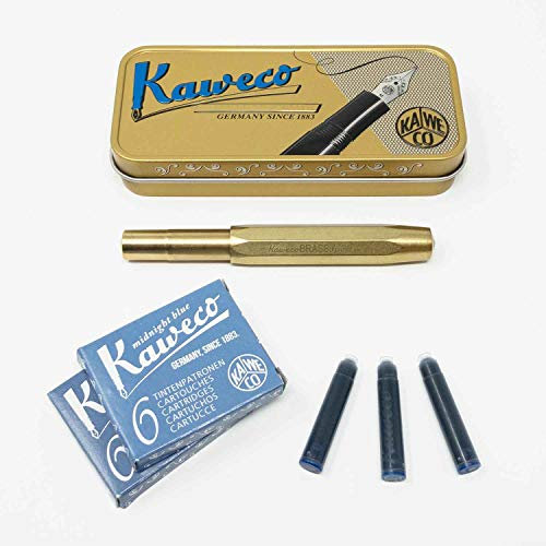 Kaweco Sport Fountain Pen Brass Nib Size M Set with 12 Original Kaweco Ink Cartridges