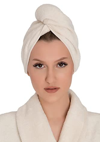 HAMUR HOME Haarhandtuch Haarturban Turban Handtuch mit Knopf, Turban Trockenhaube Natürliche Baumwollfarbe Ecru 100% Kopftuch Haartrocknungs-Handtuch Schnelltrocknend Baumwolle Frottee
