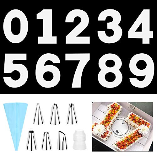 SelfTek 12 Zoll Schablone Zahlen Kuchen, 0–9 Zahlenkuchenformen, DIY Backen Kuchen Torten Schablonen, mit 6 Lcing Tipps Glatter und Gebäckbeutel, Kuchenform Zahlen für Hochzeit Geburtstag Party