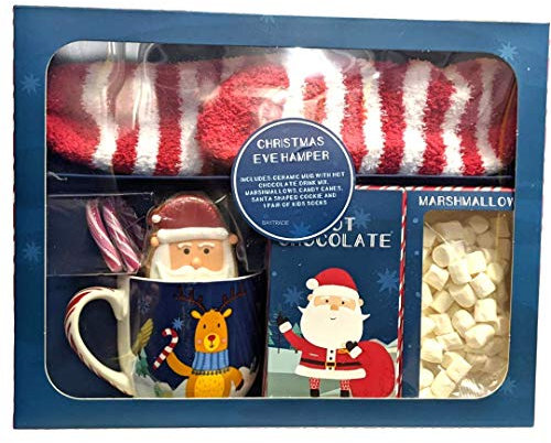Christmas Eve Box - Candy Canes, Reindeer Mug, Santa with Hat Cookie, Marshmallows and Socks Hamper, Hot Chocolate Mug Gift Set, Christmas Eve Box Fillers for Kids Adults