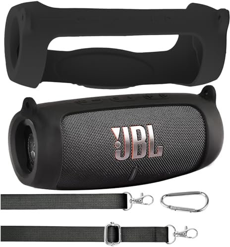 co2CREA Silikonhülle Tragetasche Case für JBL Charge 5 WiFi und Bluetooth Lautsprecher, tragbare ultraleichte Silikon Schutzhülle mit Karabiner und Schultergurt (Lautsprecher Nicht enthalten)