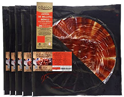 aBeiou 500gr Tablett mit HANDGESCHNITTENEN IBERISCHEN EICHELSCHINKEN Manuelles Schneiden. Selbstschließend +36 Monate Jamon Iberico Bellota Patanegra Hycer-Garantiezertifikat 5 Schalen à 100gr