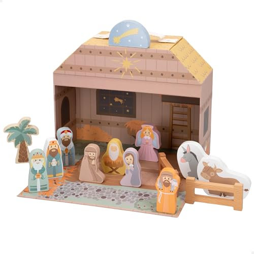 WOOMAX Portal de Belén de Madera Infantil, 15 Piezas, Nacimiento Navidad, Pesebre, Reyes Magos, para niños +3 años, Decoración navideña (49324)