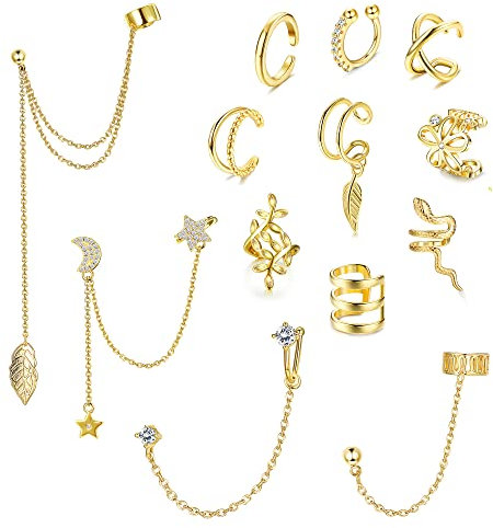 Milacolato 13pcs Ear Cuff Set,Ohrringe Earcuffs für Damen,Ear Cuff with Chain Ohrklemmen mit Stecker, Ohrklemme mit Kette Ohne Ohrloch Fake Ear Cuff mit Kette Set für Damen Gold