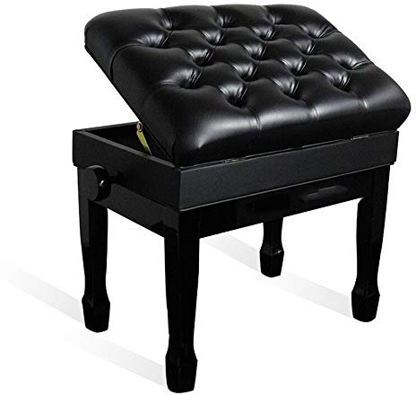 DRSM Luxury Soft Piano Stool Solid Wood Lacquer Waterproof Adjustable Piano Keyboard Chair Soft Thick PU Strap Storage Shelf Can Store Music Books Padded Seat (Black Thicken)