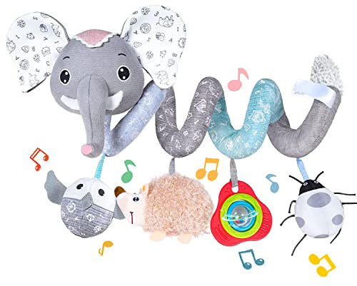 Koty Autositz-Spielzeug, Baby-Spirale, Plüsch, zum Aufhängen, für Kinderwagen, Bar, Kinderwagen, Kinderbett, mit Spieluhr, BB-Quietscher und Rasseln(Grauer Elefant)