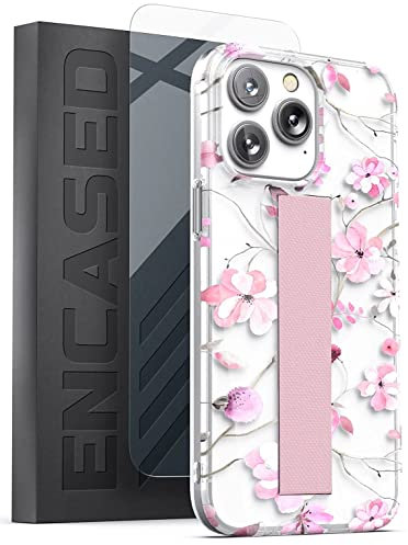 ENCASED Bando Series Designed for iPhone 14 Pro Case with Hand Strap Grip and Screen Protector (Clear/Pink Flowers)