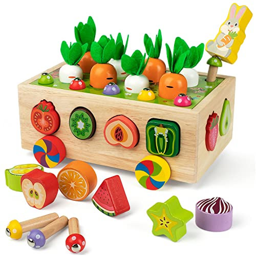 Coogam Montessori Jouets de motricité Fine pour bébé Tout-Petit, trieur de Formes en Bois Jeu de récolte de Carottes, Jouet éducatif d'apprentissage préscolaire pour 2 3 4 Ans