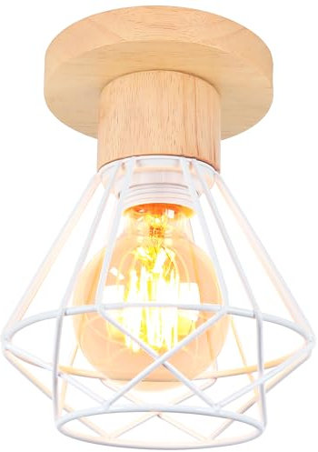 iDEGU Plafonnier Industriel, 16CM Vintage Luminaire E27 Rétro Lustre Suspension en Fer et Bois Cage Design Lampe de Plafond Blanc pour Entrée Couloir Chambre Cuisine (1 Pack)
