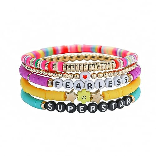 Cubahop Layered Boho Armbänder Bunte Preppy Armbänder Perlen Ästhetische Handgemachte Liebesbrief Stretch Armband Netter Sommer Strand Schmuck Einstellbar für Frauen Teen Girls (Furchtlos)