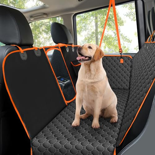 Taygeer Hundedecke für Auto Rückbank, Kratzfeste und Wasserabweisende Autoschondecke Hund Rücksitz mit Seitenschutz und Sichtfenster(145 x 136cm,Universal Hundedecke für Auto Van SUV-schwarz orange