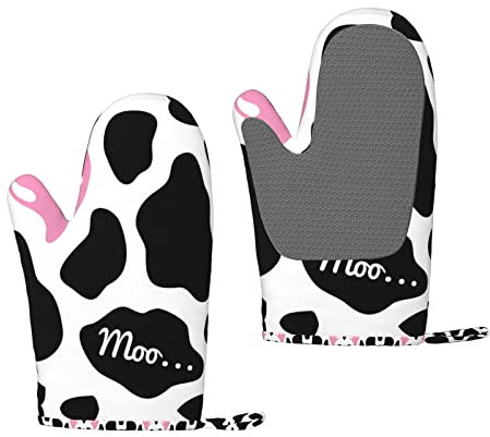 Ofenhandschuhe Set von 2 schwarz weiß Milch Kuh Druck Silikon Ofenhandschuhe hitzebeständig bis 250 °C Küche Ofenhandschuhe Topflappen zum Kochen