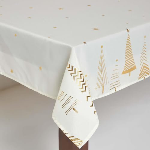 HOMESCAPES Moderne Weihnachts-Tischdecke Tannenbaum 132x178 cm, creme-goldene Tischdecke mit Bäume-Design, Tischtuch festlich