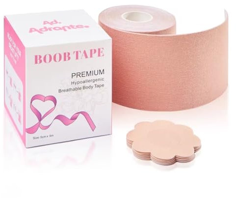 AD. ADRANTE. Cinta Adhesiva Pecho, Boop Tape 5m x 5cm, Levantamiento de Pecho, Sujetador Invisible, Push Up con 5 Pares de Cubre pezones Desechables, Cinta Invisible Elástica (5cm)