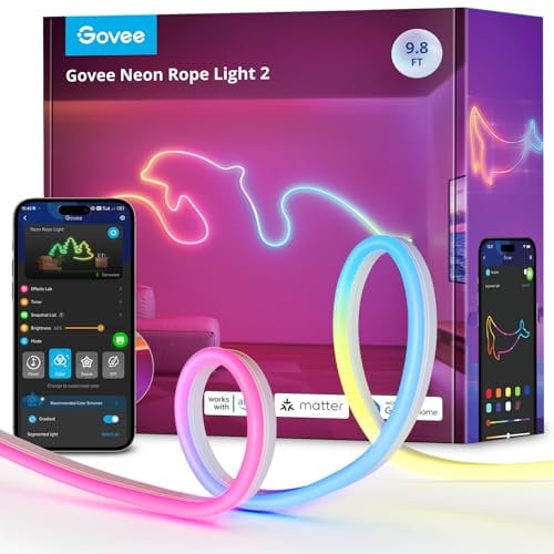 Govee Neon Rope Light 2, RGBIC Tira LED 3m con Bende Clips, Funciona con Matter, Alexa y Google Assistant, Mapeado de Formas, Efectos de iluminación DIY, Luces LED para decoración de paredes, Blanco