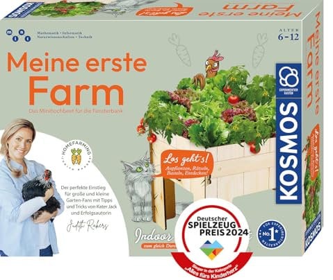 KOSMOS 637262 Meine erste Farm mit Judith Rakers, Minihochbeet für die Fensterbank, Gemüse Pflanzset für Kinder ab 6 Jahre mit Samen für Kresse, Salat, Radieschen und Tomate