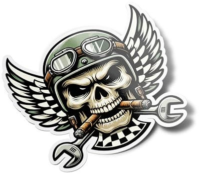 PACK Stickers autocollants vinyle Crâne de Biker - Design Audacieux avec Ailes, Drapeaux à Damier - Style Vintage Unique - Parfait pour Décor Moto casque