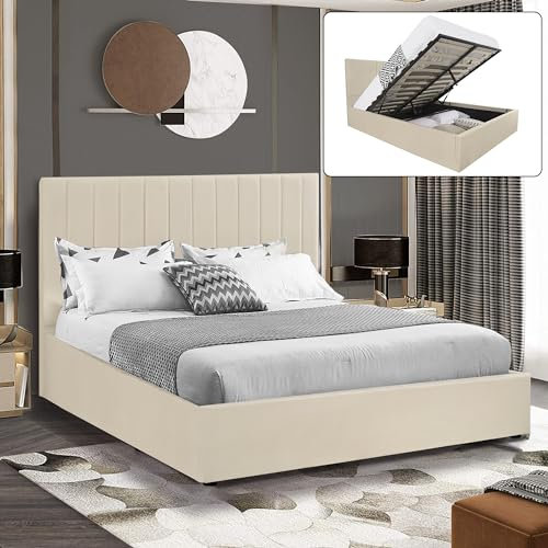 Ottoman Storage Bed, Velvet Double Bed Frame, Upholstered Gas Lift Up Bed Frame with Storage, Ottoman Bed with Wooden Slats, (4ft6 Beige Double 135 x 190, No Mattress)