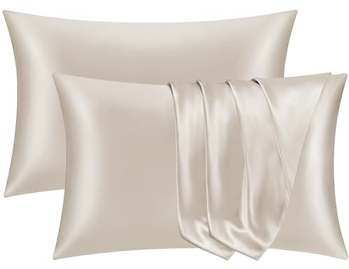 Pamposh Satin Silk Pillowcases For Hair And Skin 4 Pack Standard Size with Envelope Closure (4 Pcs Pillowcases (50 x 75 cm), Khaki)