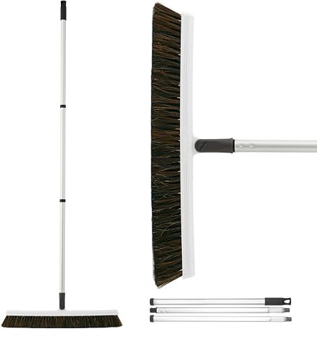 Superio Slim Horsehair Broom, 18'' Rotatable Kitchen Broom with 48'' 3-Part Handle, Lightweight Grey